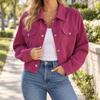 Women's short ribbed jacket with long sleeves, snap front and chest pockets