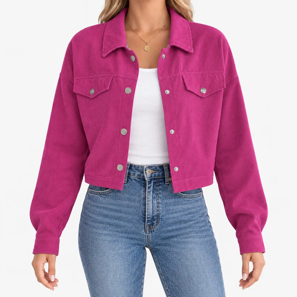 Women's short ribbed jacket with long sleeves, snap front and chest pockets