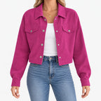 Women's short ribbed jacket with long sleeves, snap front and chest pockets