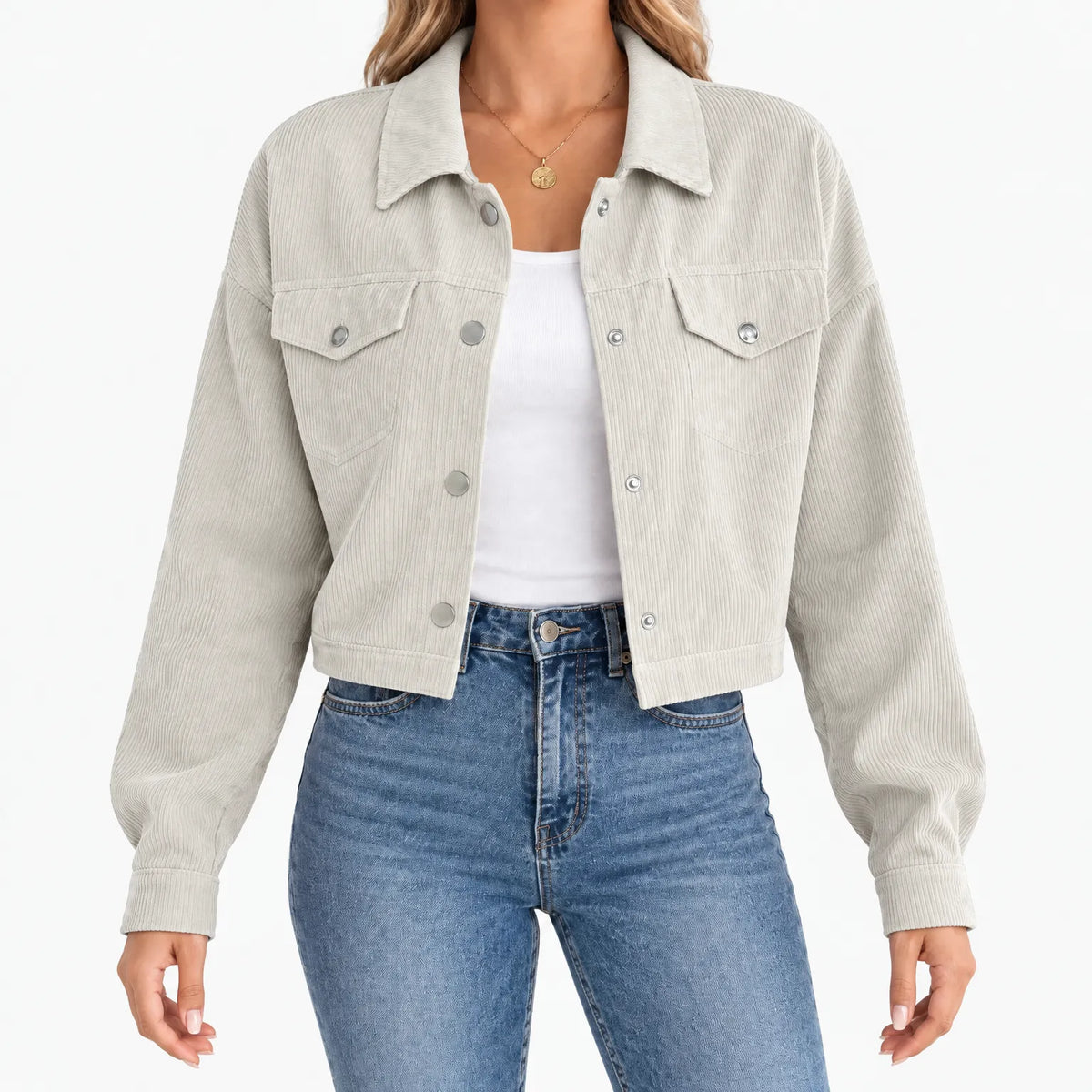Women's short ribbed jacket with long sleeves, snap front and chest pockets
