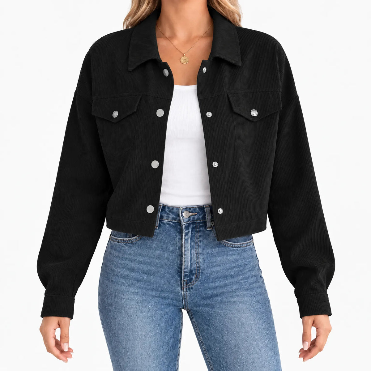 Women's short ribbed jacket with long sleeves, snap front and chest pockets