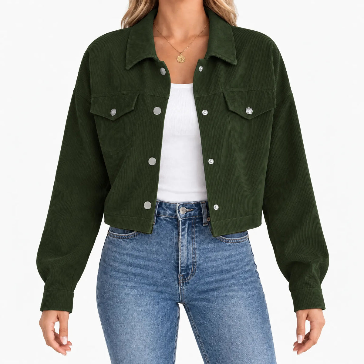 Women's short ribbed jacket with long sleeves, snap front and chest pockets