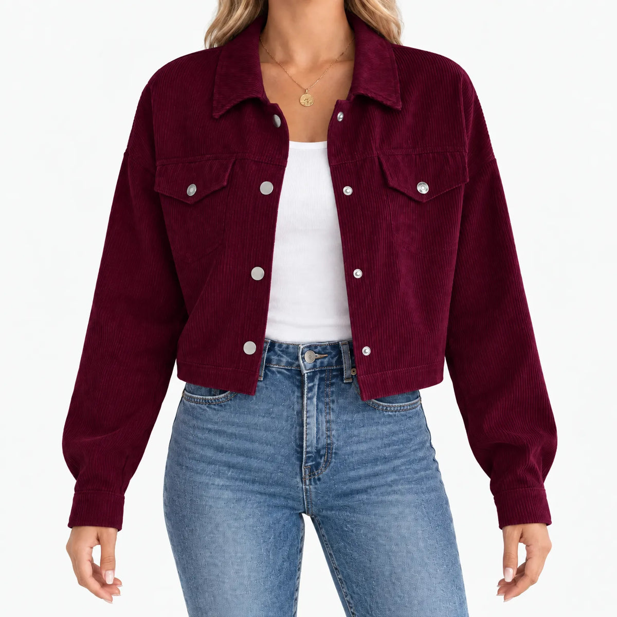 Women's short ribbed jacket with long sleeves, snap front and chest pockets