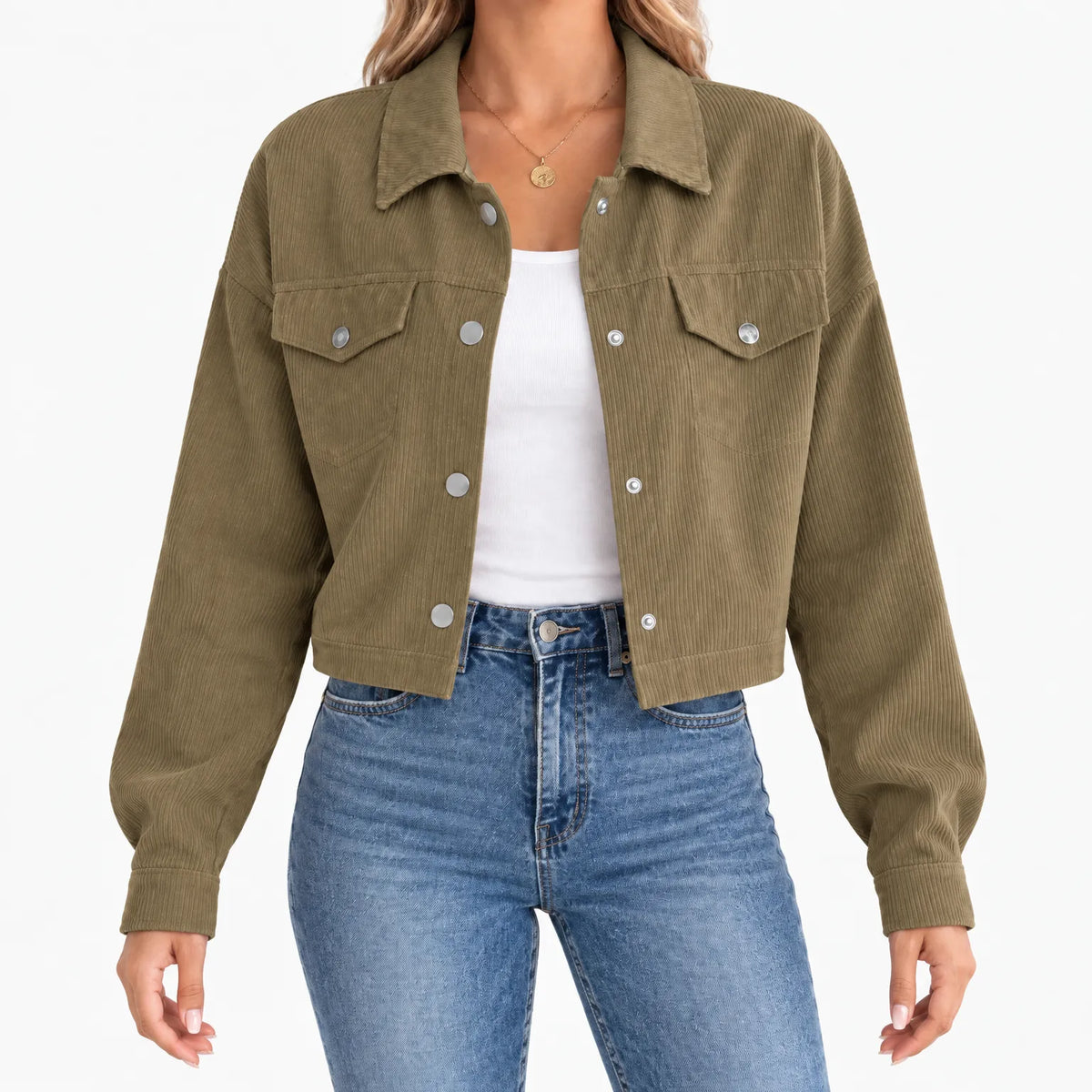 Women's short ribbed jacket with long sleeves, snap front and chest pockets