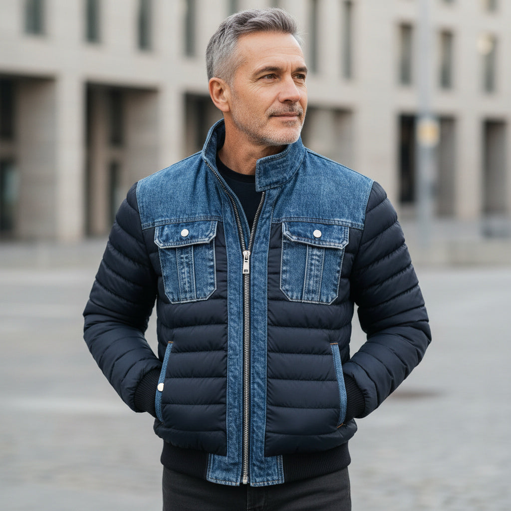 Men's blue quilted jacket with denim panels, stand collar and chest pockets