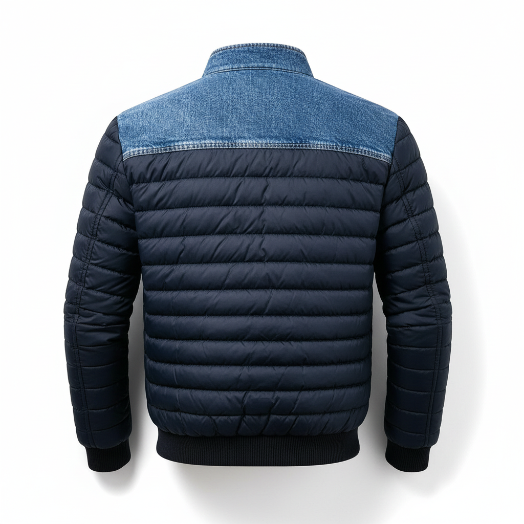 Men's blue quilted jacket with denim panels, stand collar and chest pockets