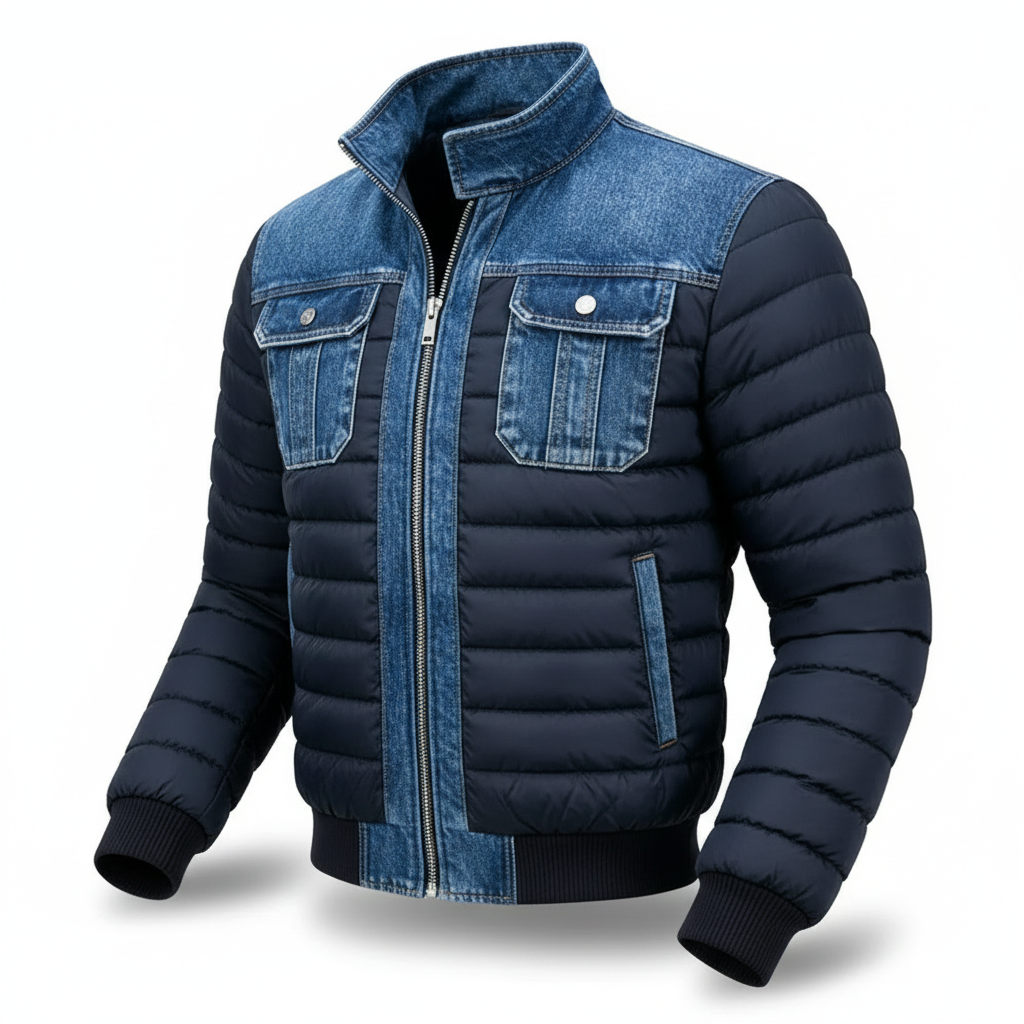 Men's blue quilted jacket with denim panels, stand collar and chest pockets