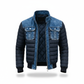 Men's blue quilted jacket with denim panels, stand collar and chest pockets