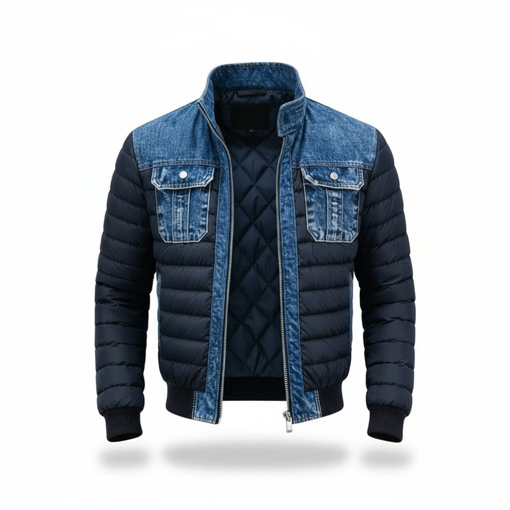 Men's blue quilted jacket with denim panels, stand collar and chest pockets