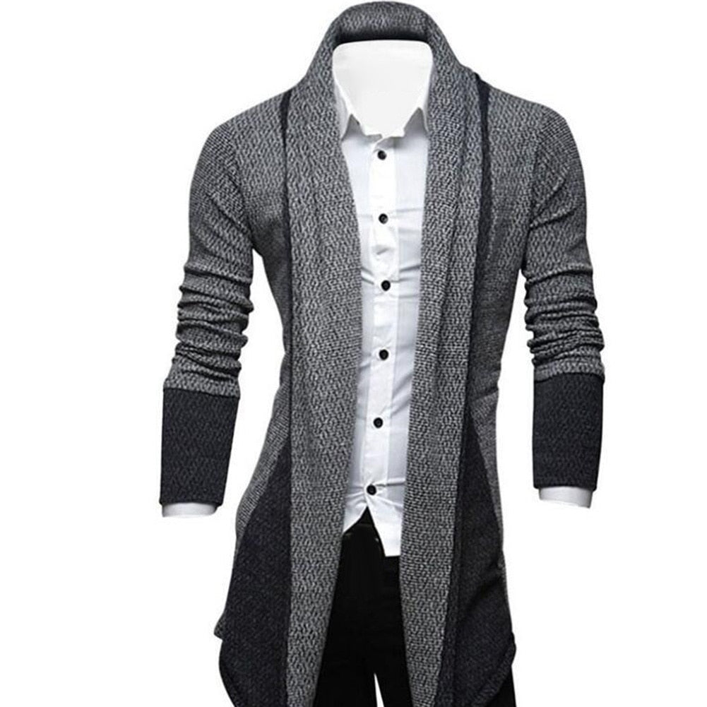 Men's longline textured cardigan with shawl collar and contrast panels