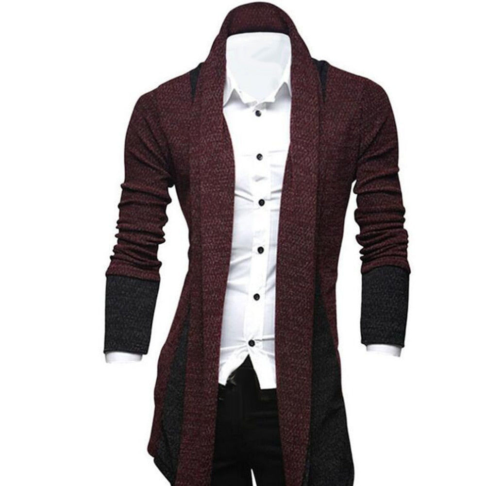 Men's longline textured cardigan with shawl collar and contrast panels