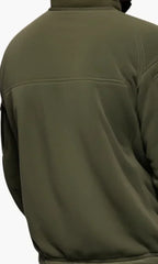 Men's green utility jacket with high collar, front zip and multiple pockets