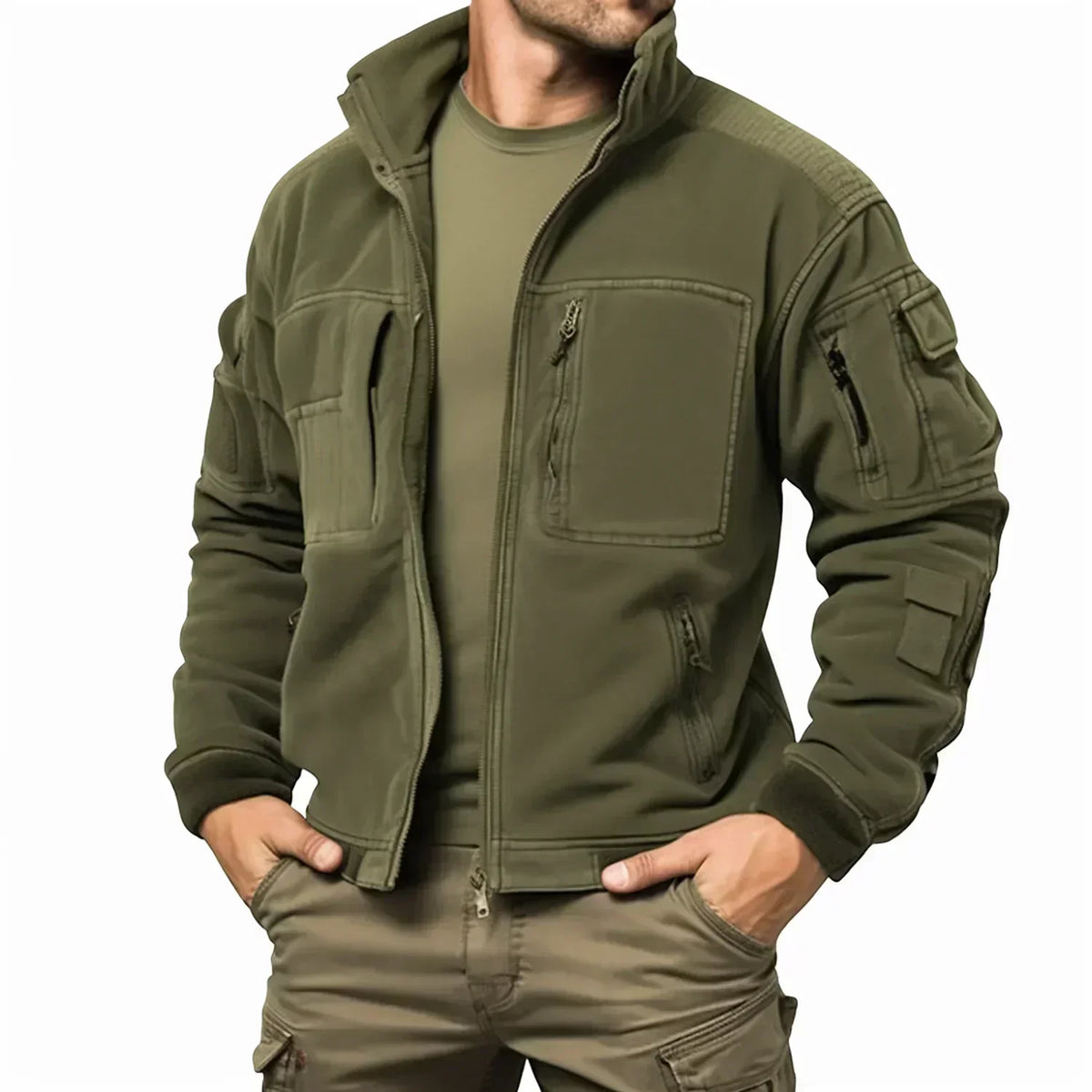 Men's green utility jacket with high collar, front zip and multiple pockets