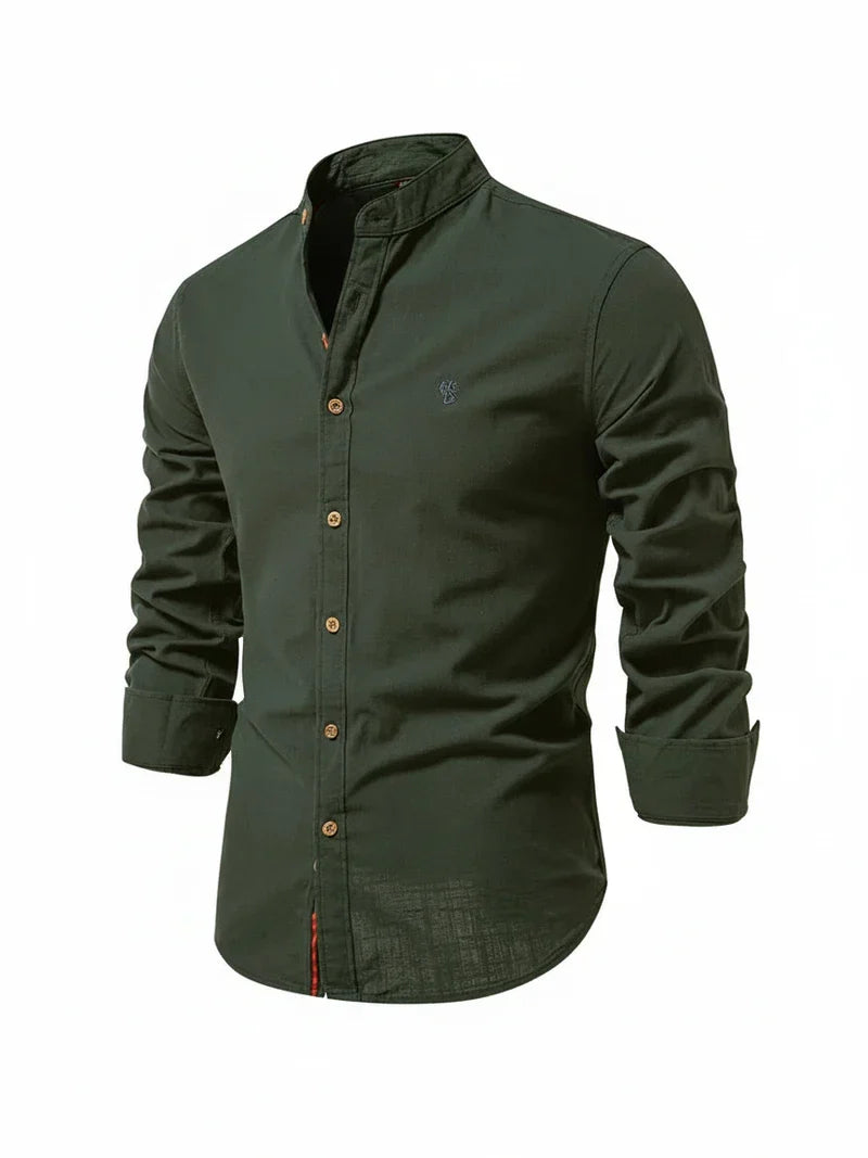 Men's long-sleeve Mandarin collar shirt with button front and curved hem