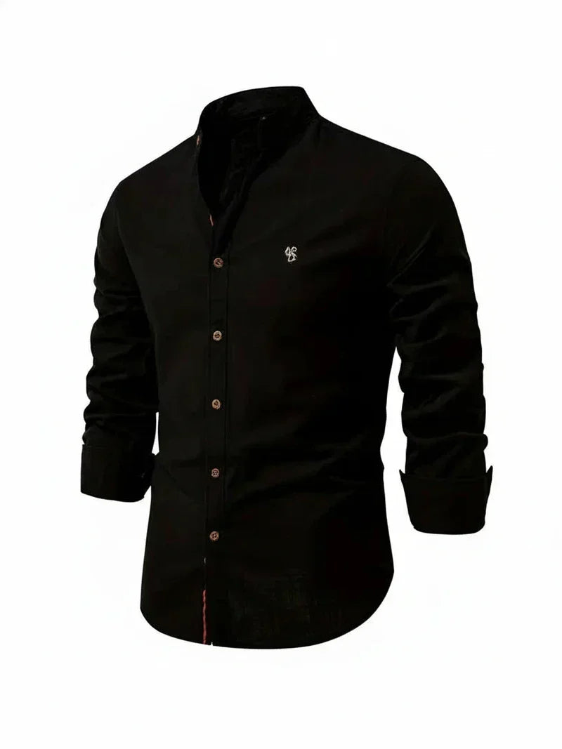 Men's long-sleeve Mandarin collar shirt with button front and curved hem