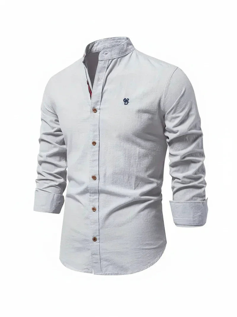 Men's long-sleeve Mandarin collar shirt with button front and curved hem