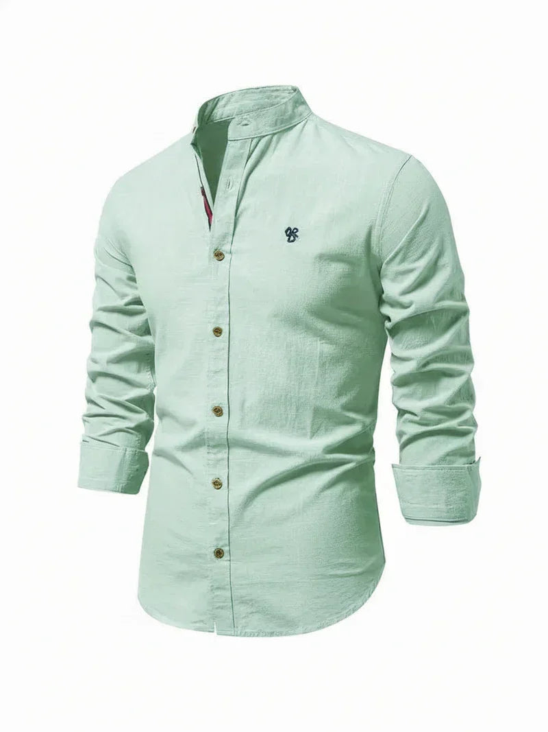 Men's long-sleeve Mandarin collar shirt with button front and curved hem