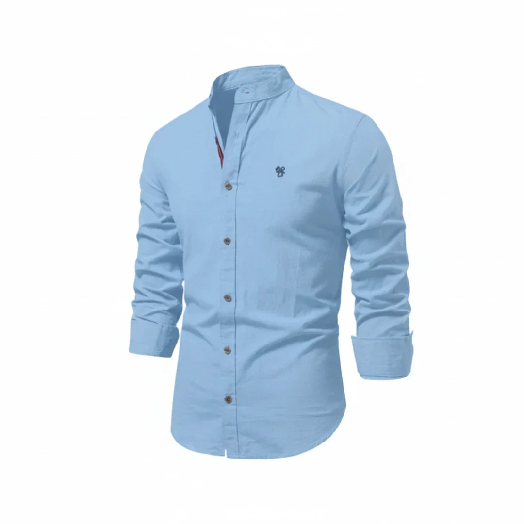 Men's long-sleeve Mandarin collar shirt with button front and curved hem