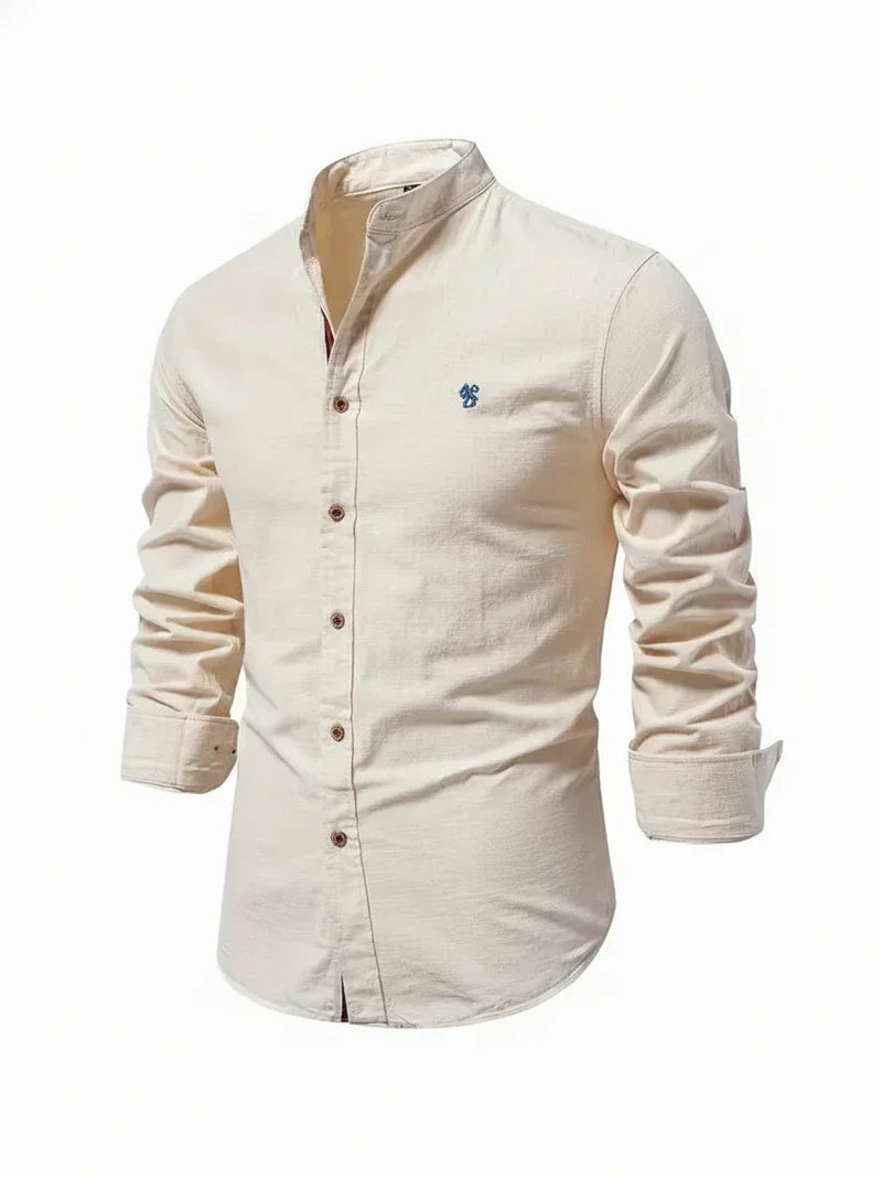 Men's long-sleeve Mandarin collar shirt with button front and curved hem