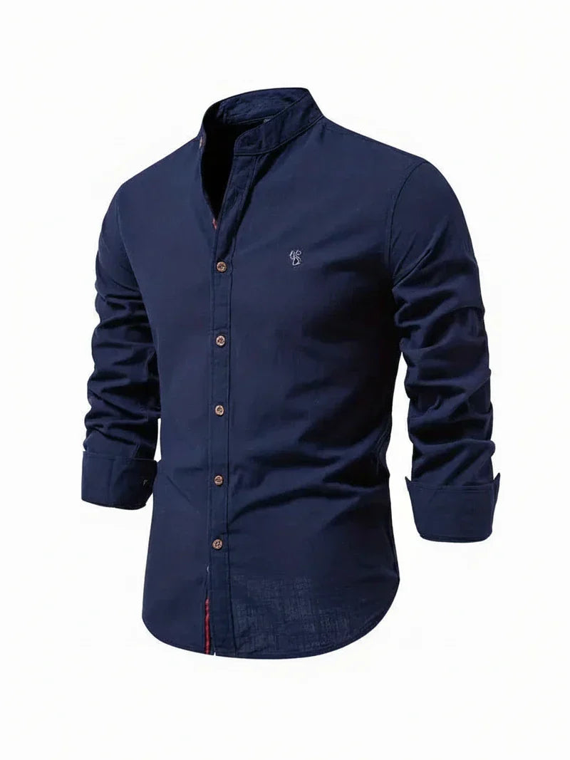 Men's long-sleeve Mandarin collar shirt with button front and curved hem
