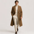 Men's long double-breasted trench coat with notched lapels