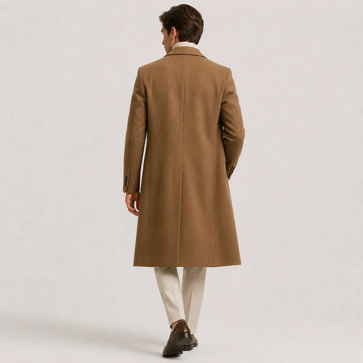 Men's long double-breasted trench coat with notched lapels