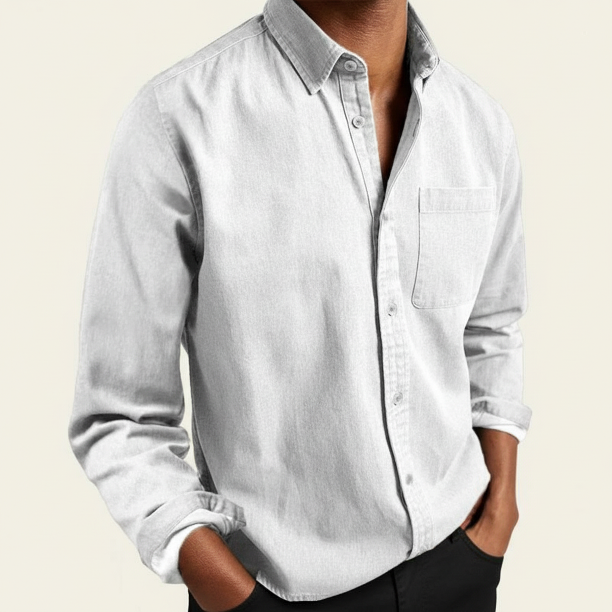 Men's long-sleeve button-front shirt with chest pocket and classic collar