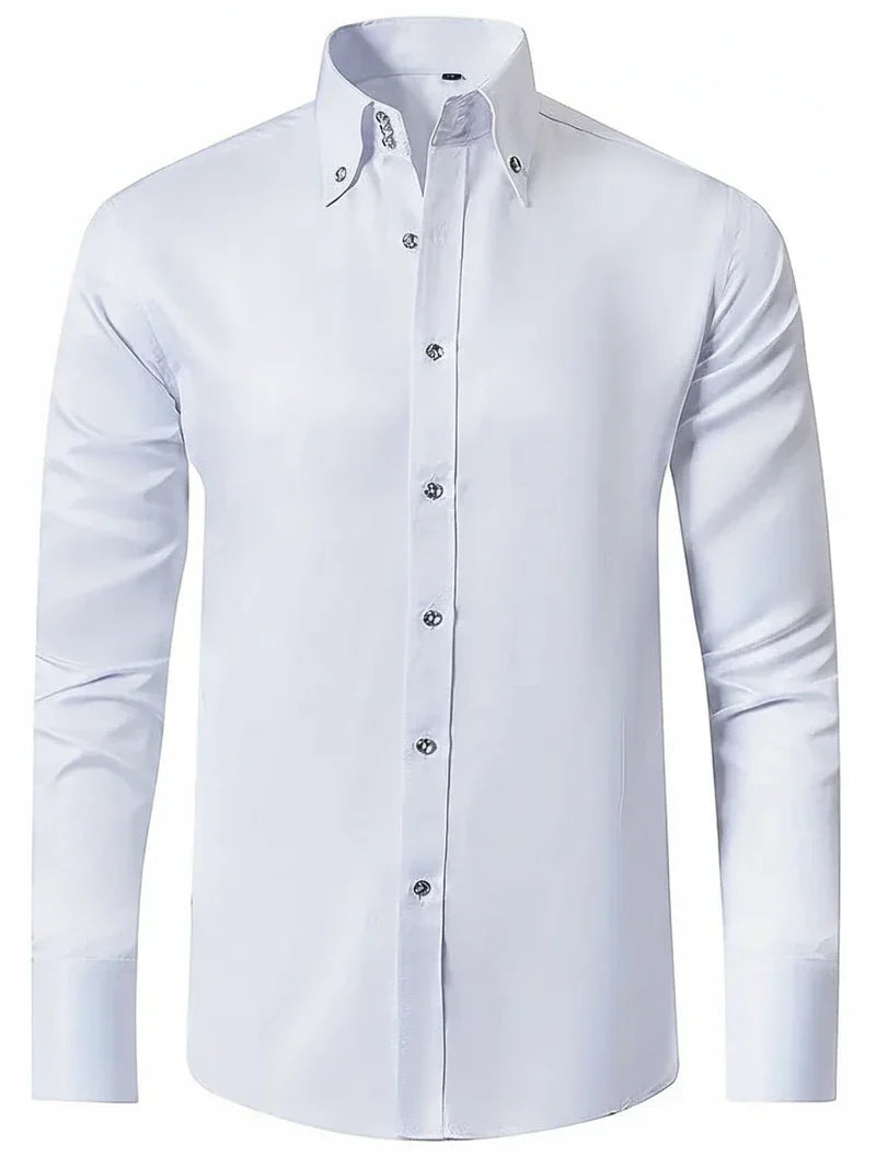 Men's long-sleeve formal shirt with structured collar and button front
