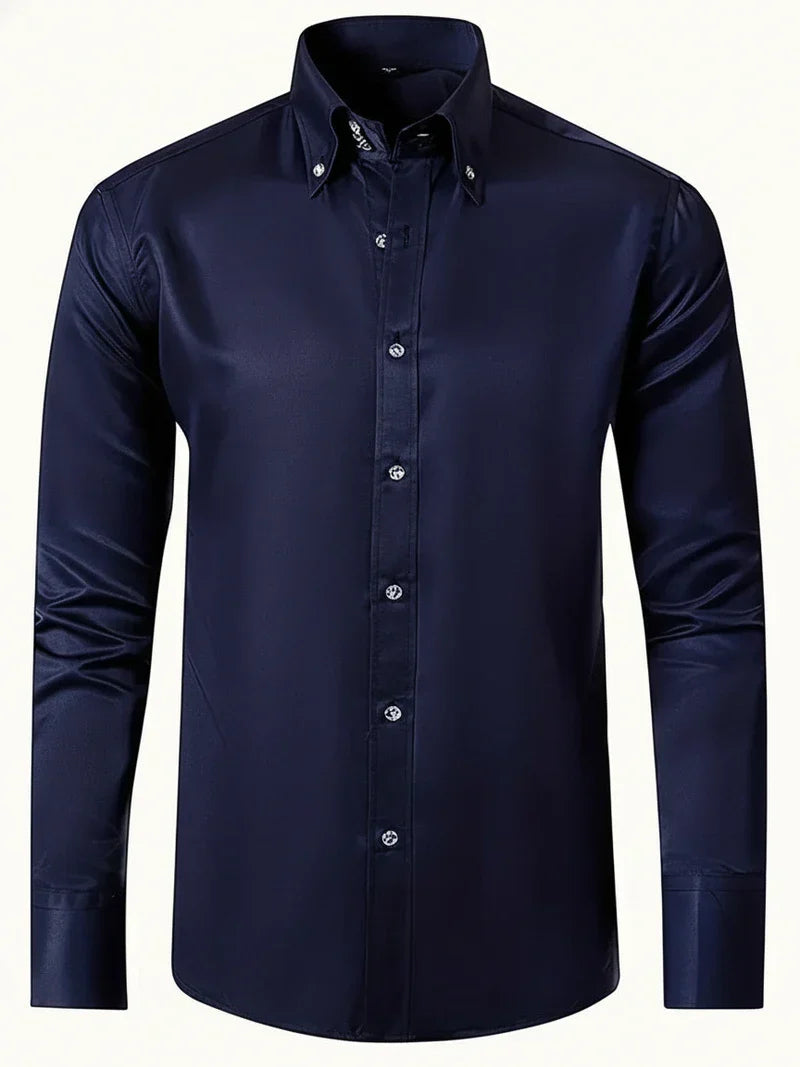 Men's long-sleeve formal shirt with structured collar and button front