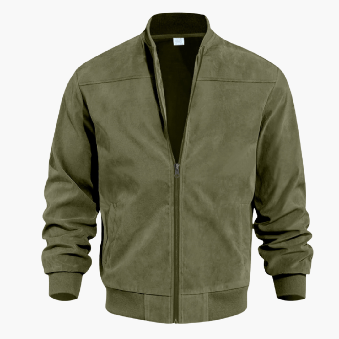 Men's plain bomber jacket with stand collar, long sleeves and zip front
