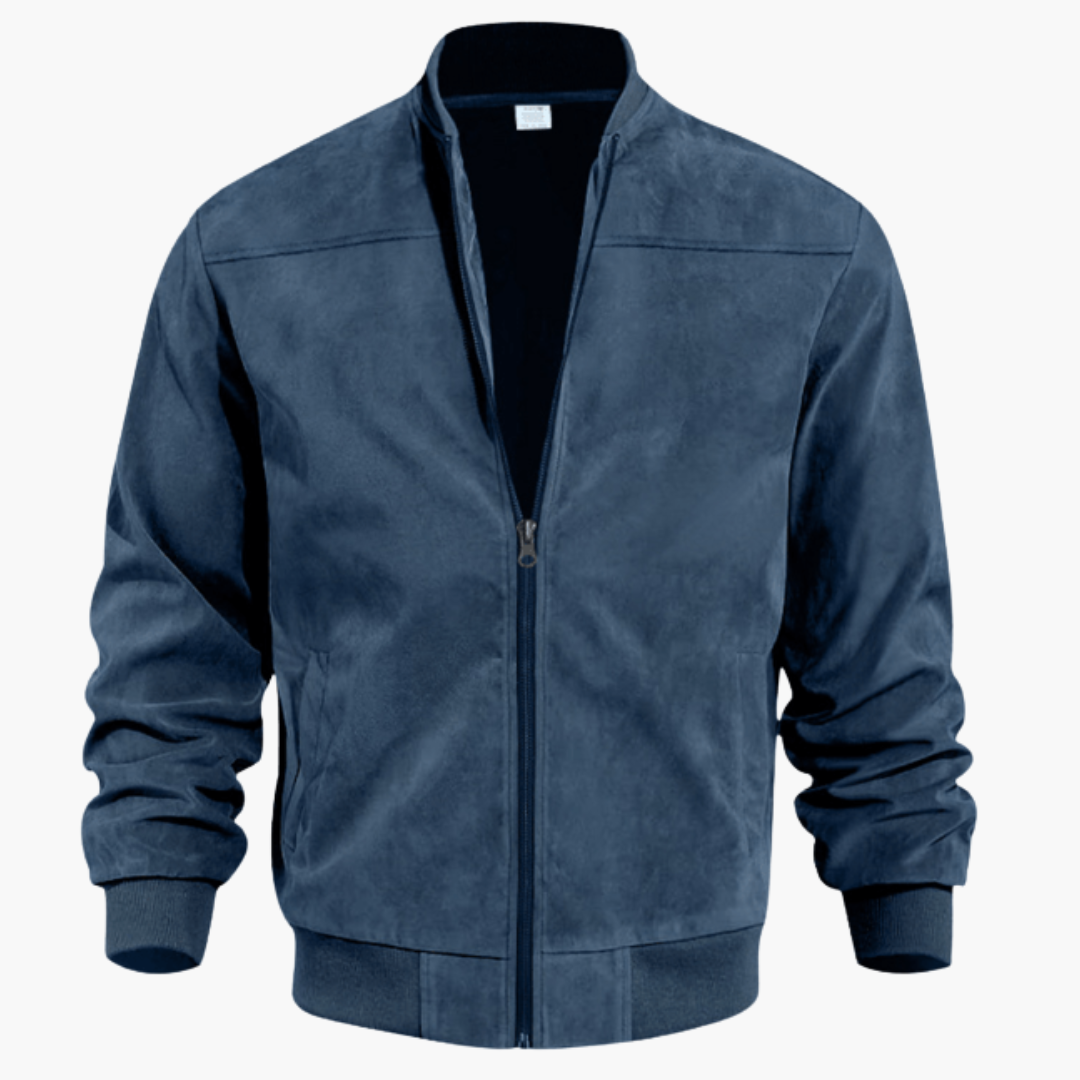 Men's plain bomber jacket with stand collar, long sleeves and zip front