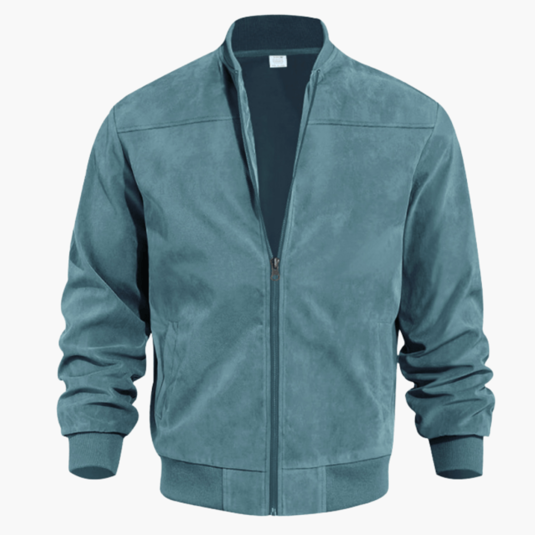 Men's plain bomber jacket with stand collar, long sleeves and zip front