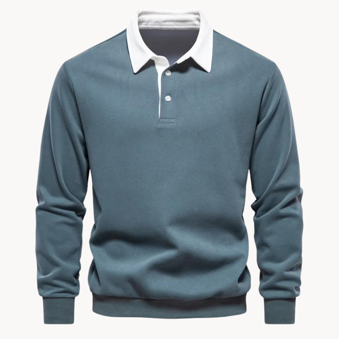 Men's long-sleeve polo collar sweatshirt with button placket and ribbed trims