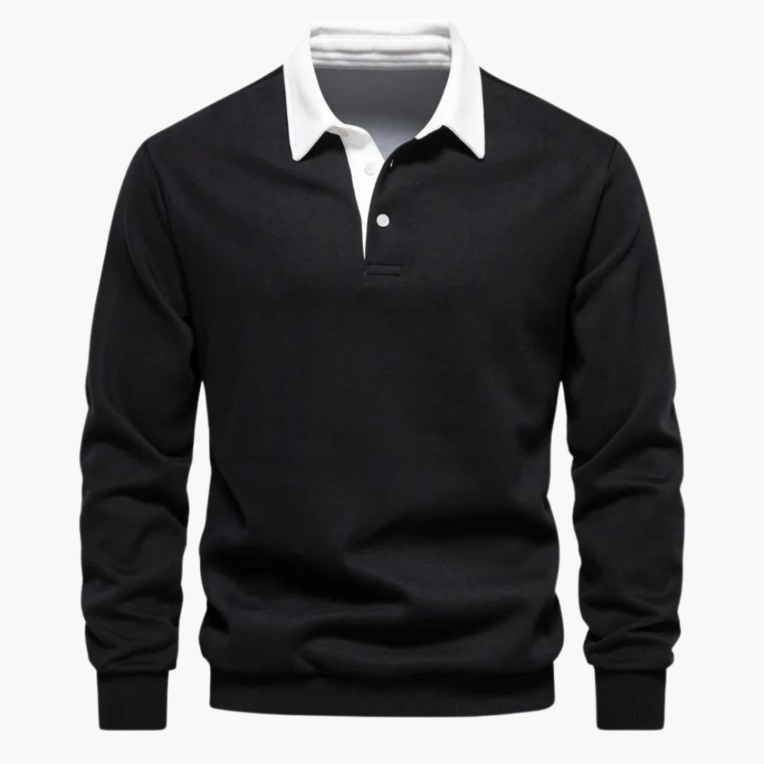 Men's long-sleeve polo collar sweatshirt with button placket and ribbed trims