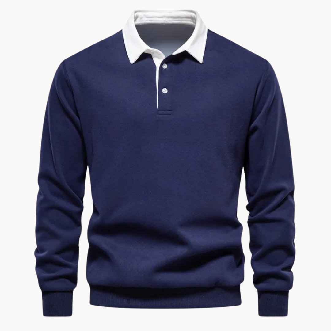 Men's long-sleeve polo collar sweatshirt with button placket and ribbed trims