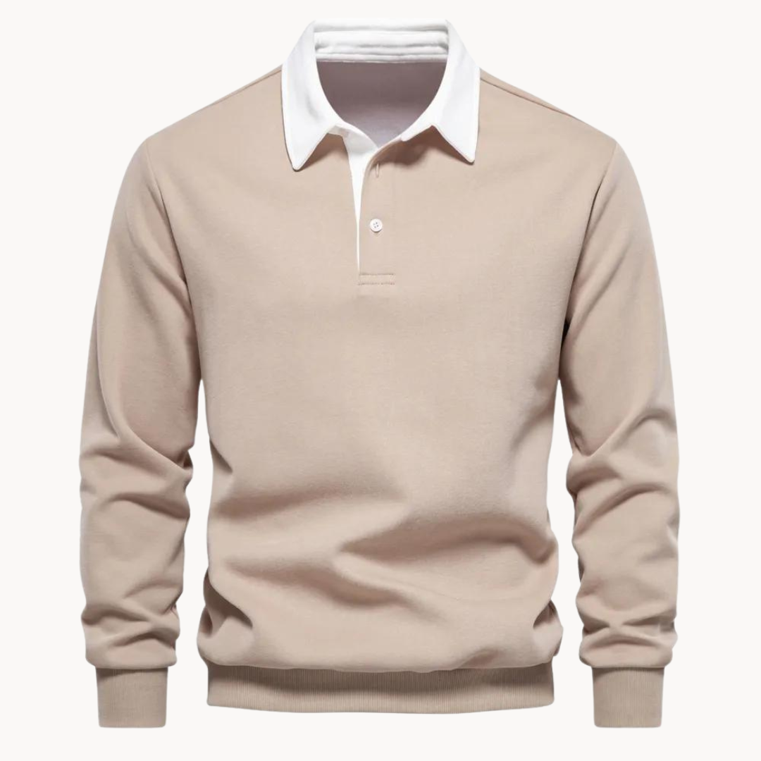 Men's long-sleeve polo collar sweatshirt with button placket and ribbed trims