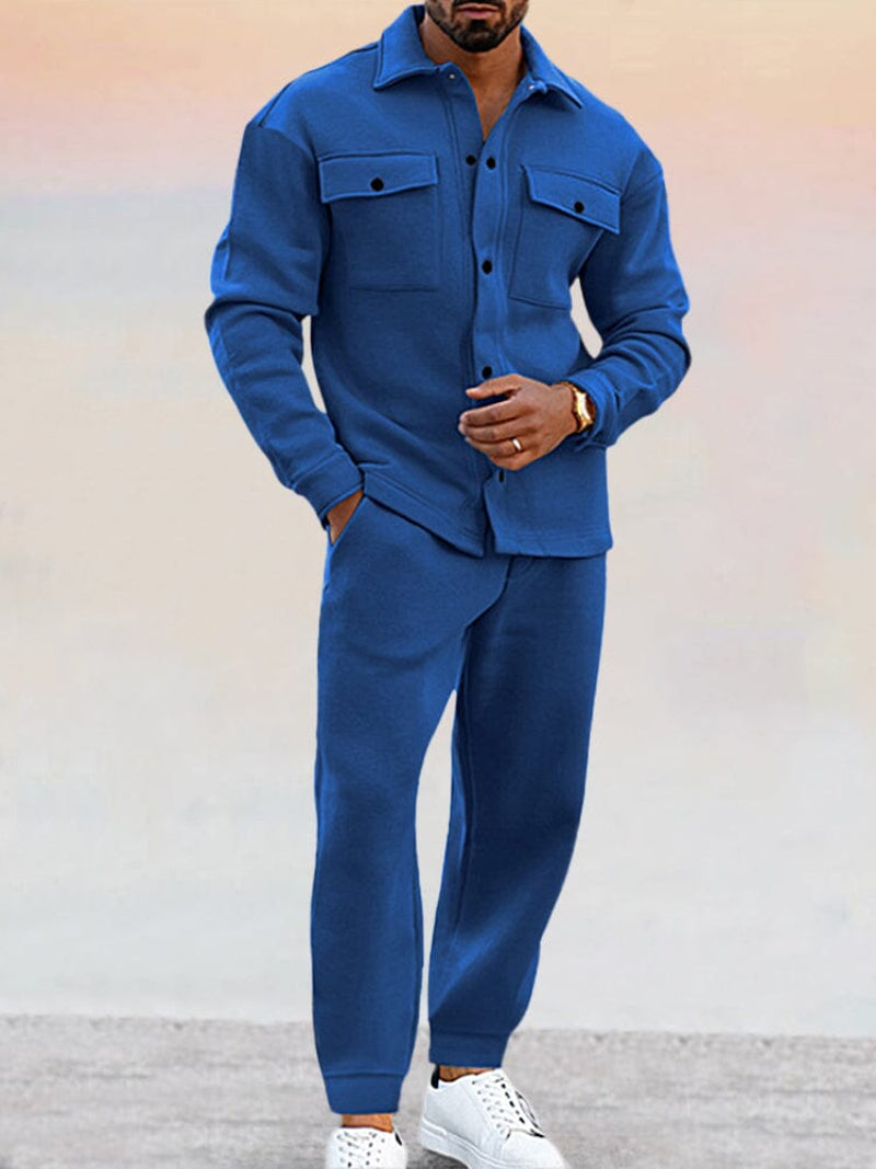 Men's collared two-piece shirt and trousers set with chest pockets