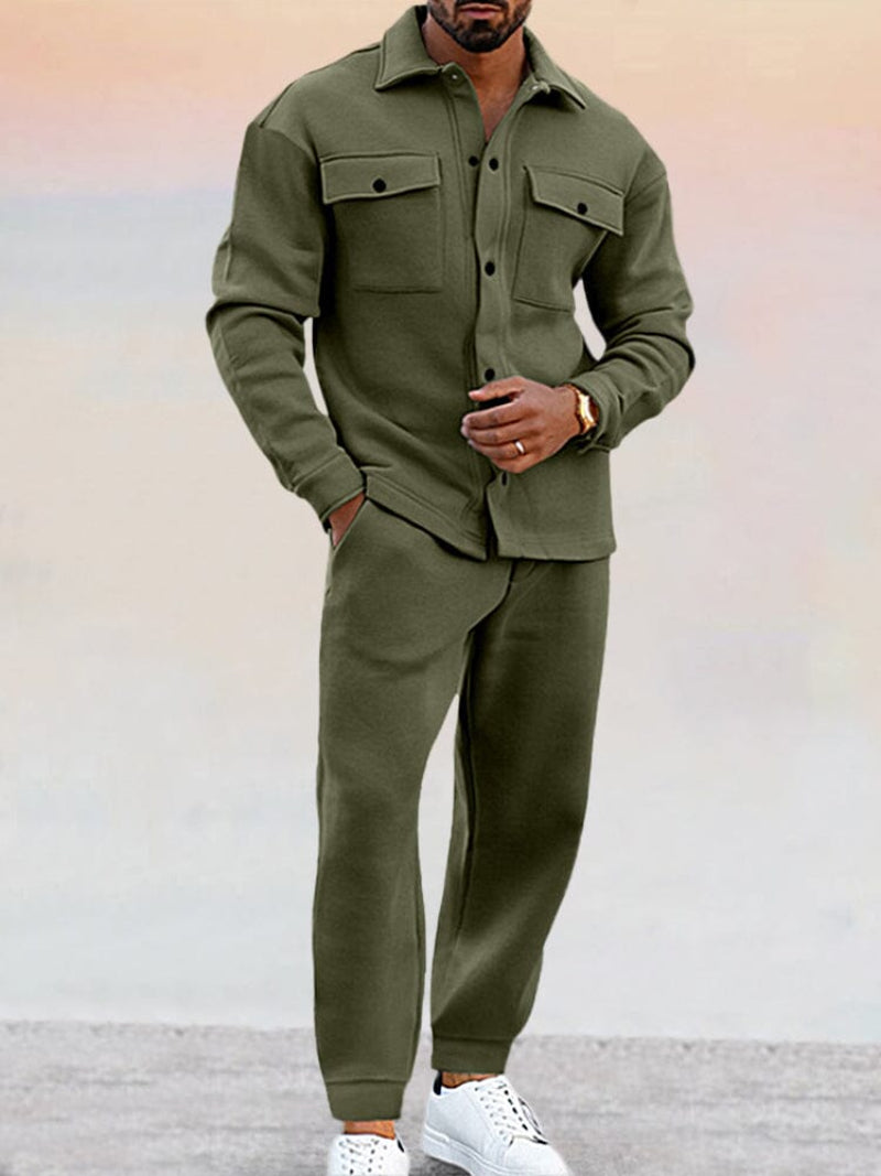 Men's collared two-piece shirt and trousers set with chest pockets