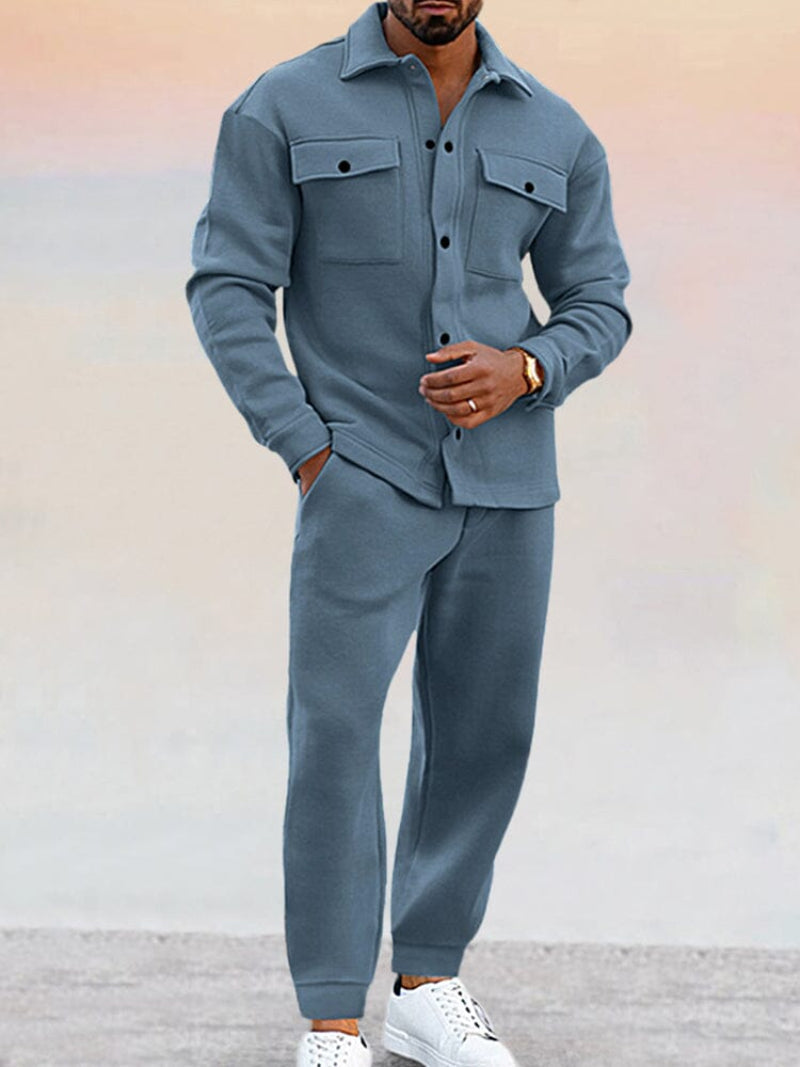 Men's collared two-piece shirt and trousers set with chest pockets