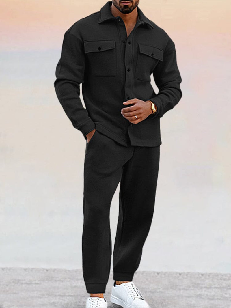 Men's collared two-piece shirt and trousers set with chest pockets