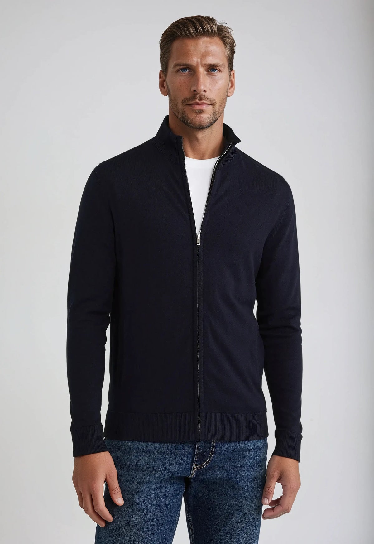 Men's navy zip-up jumper with stand collar and long sleeves