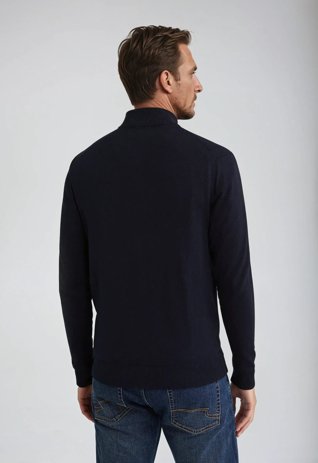 Men's navy zip-up jumper with stand collar and long sleeves