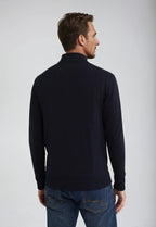 Men's navy zip-up jumper with stand collar and long sleeves