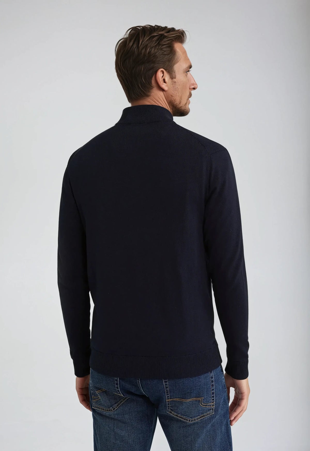 Men's navy zip-up jumper with stand collar and long sleeves