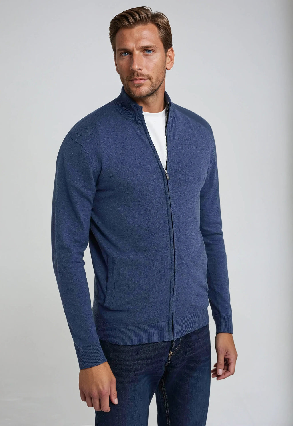 Men's navy zip-up jumper with stand collar and long sleeves