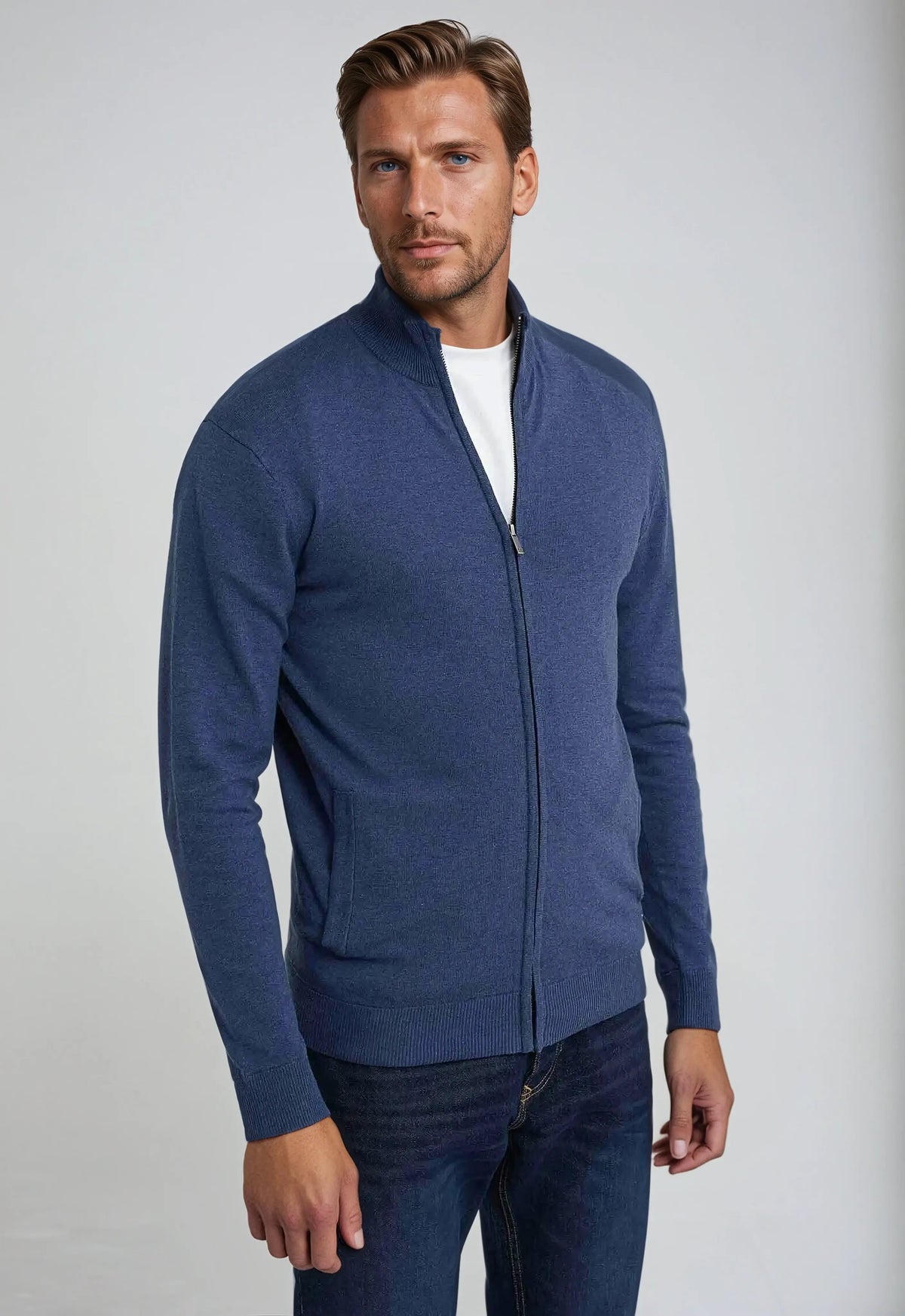 Men's navy zip-up jumper with stand collar and long sleeves