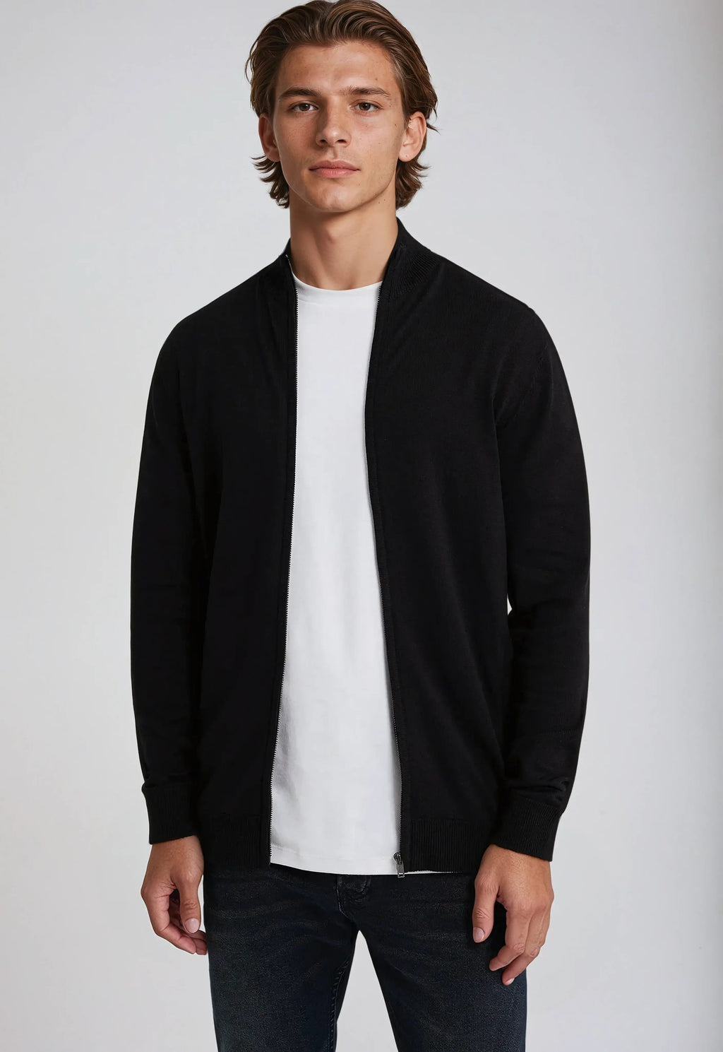 Men's navy zip-up jumper with stand collar and long sleeves