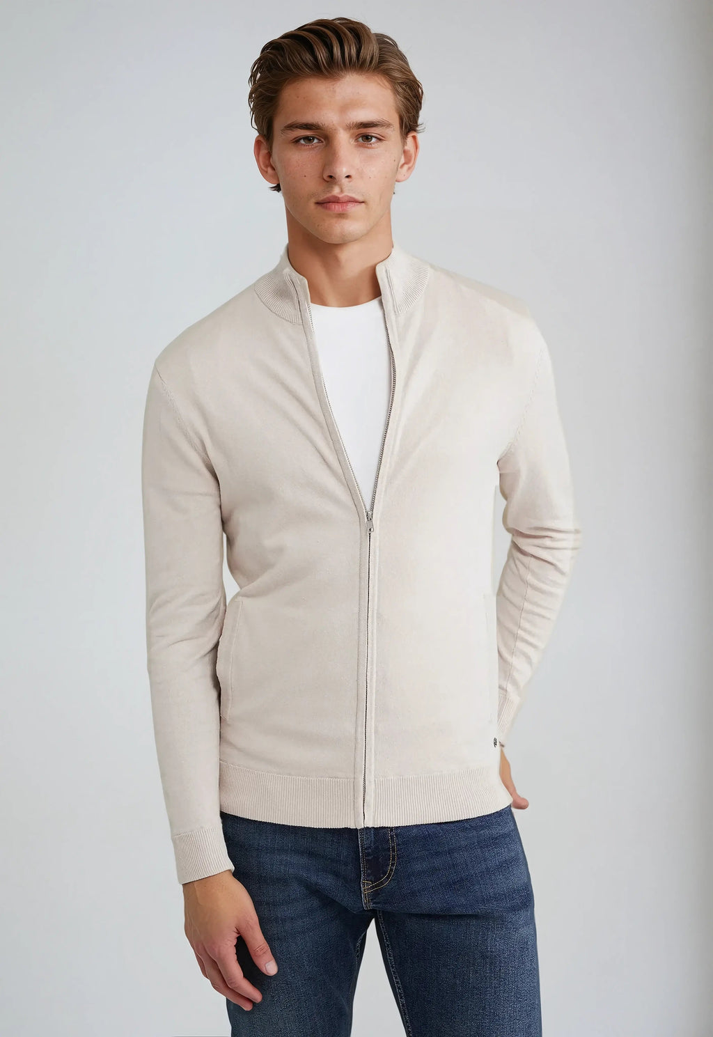 Men's navy zip-up jumper with stand collar and long sleeves