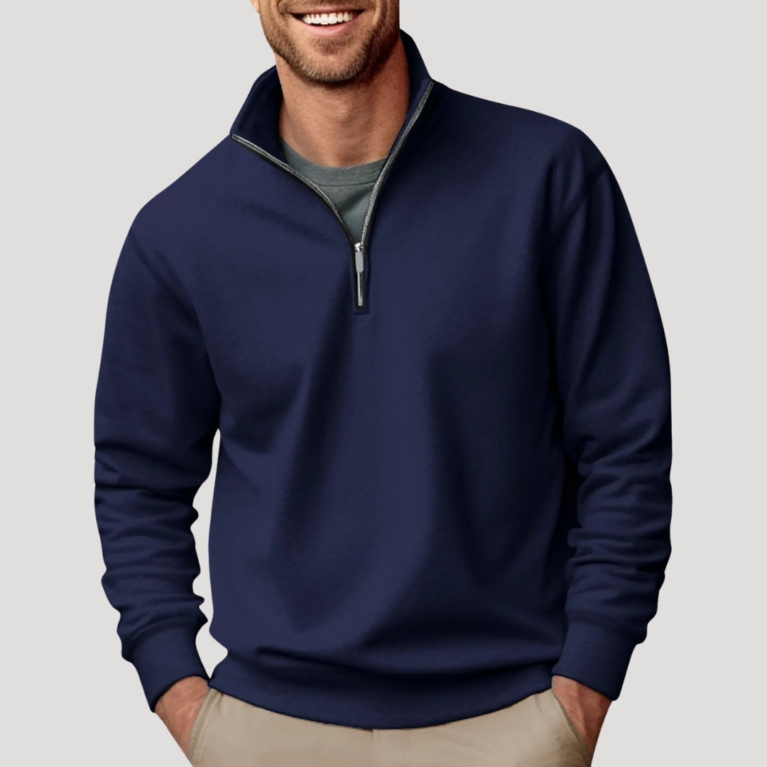 Men's plain quarter-zip pullover with stand collar and long sleeves