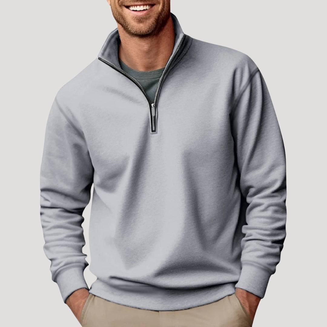 Men's plain quarter-zip pullover with stand collar and long sleeves